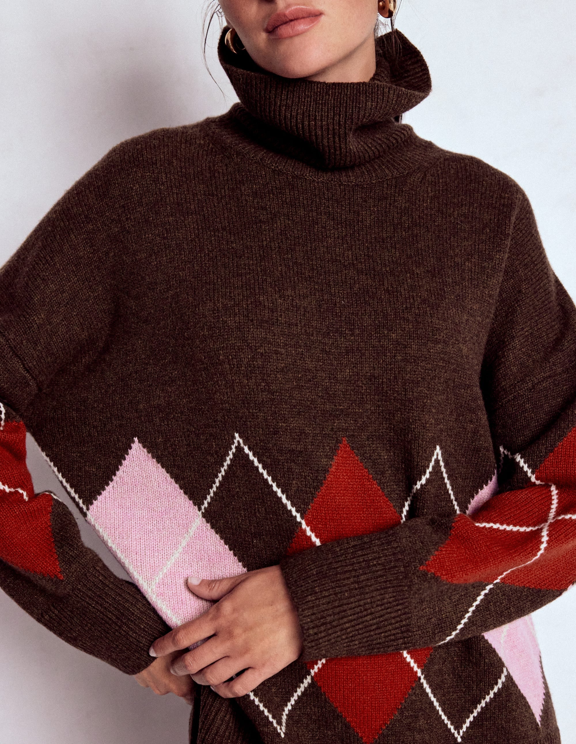 Polly Merino Roll Neck Jumper-Brown, Pink Argyle - Image 2