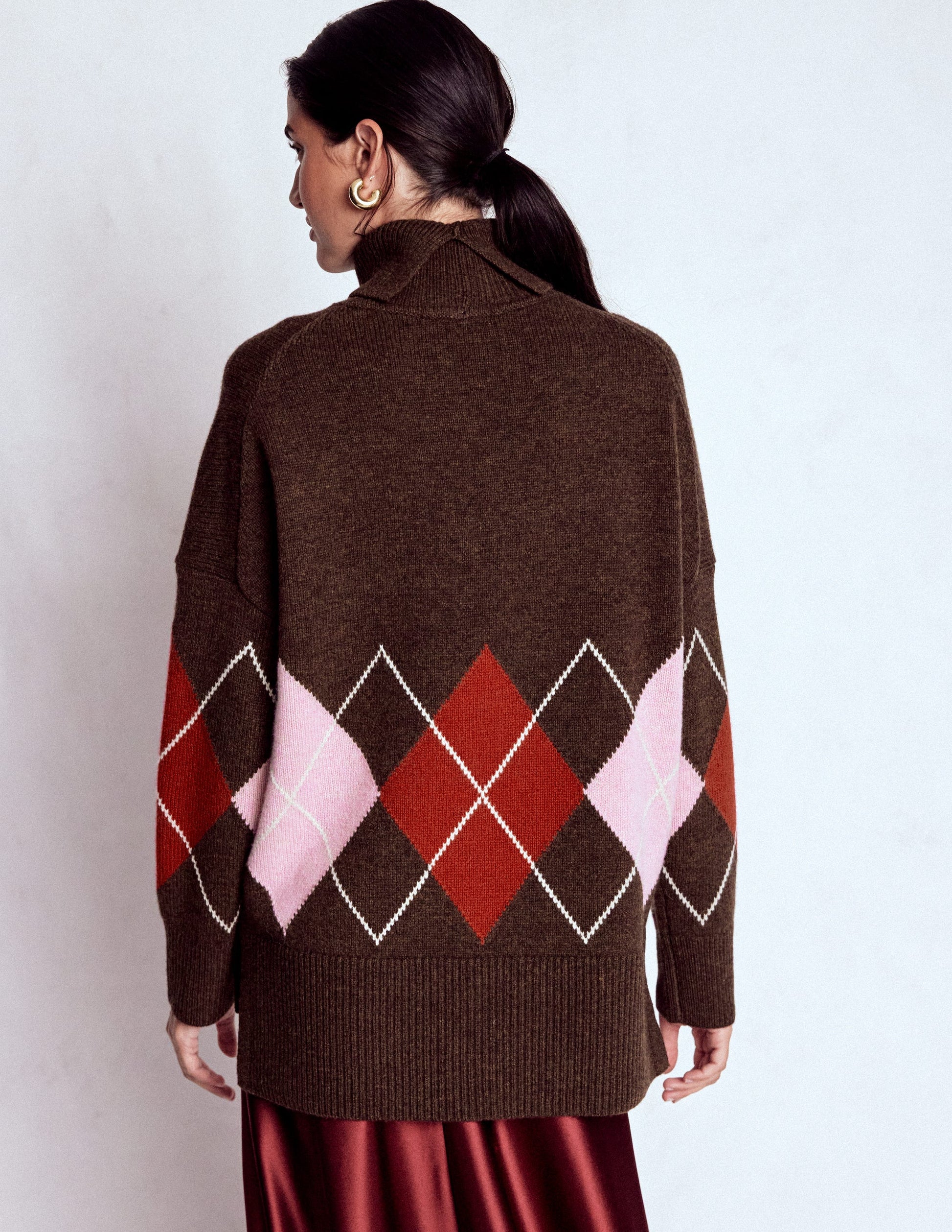 Polly Merino Roll Neck Jumper-Brown, Pink Argyle-3