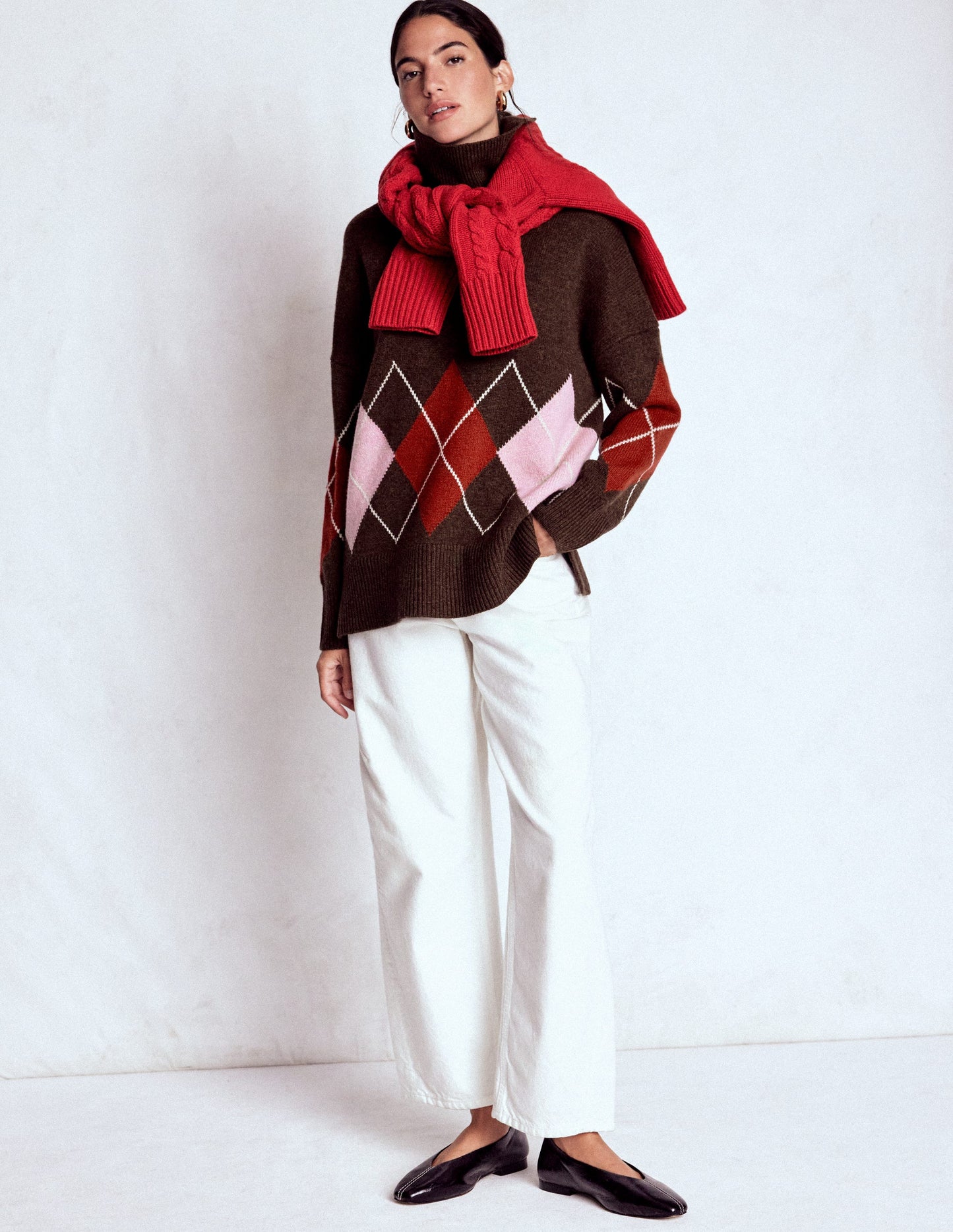 Polly Merino Roll Neck Jumper-Brown, Pink Argyle