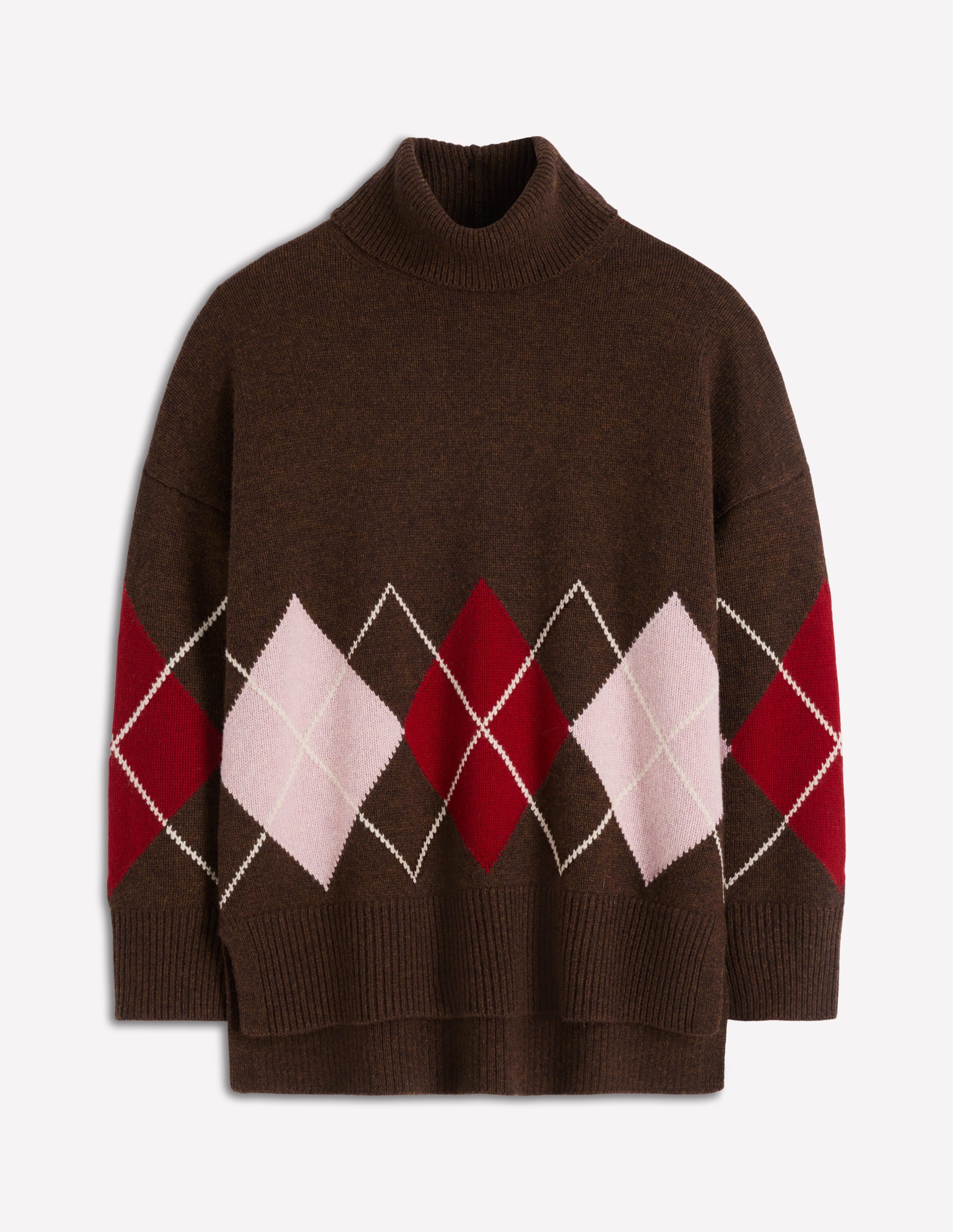 Polly Merino Roll Neck Jumper-Brown, Pink Argyle - Image 7