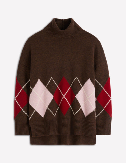 Polly Merino Roll Neck Jumper-Brown, Pink Argyle-7