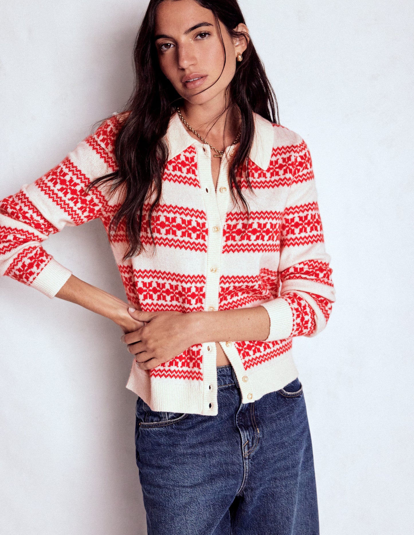Edie Fair Isle Knitted Shirt-Warm Ivory, Red Fair Isle