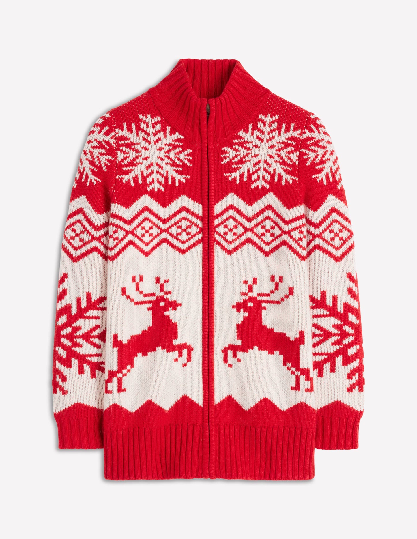 Zip Up Jacquard Cardigan-Poppy Red Reindeer