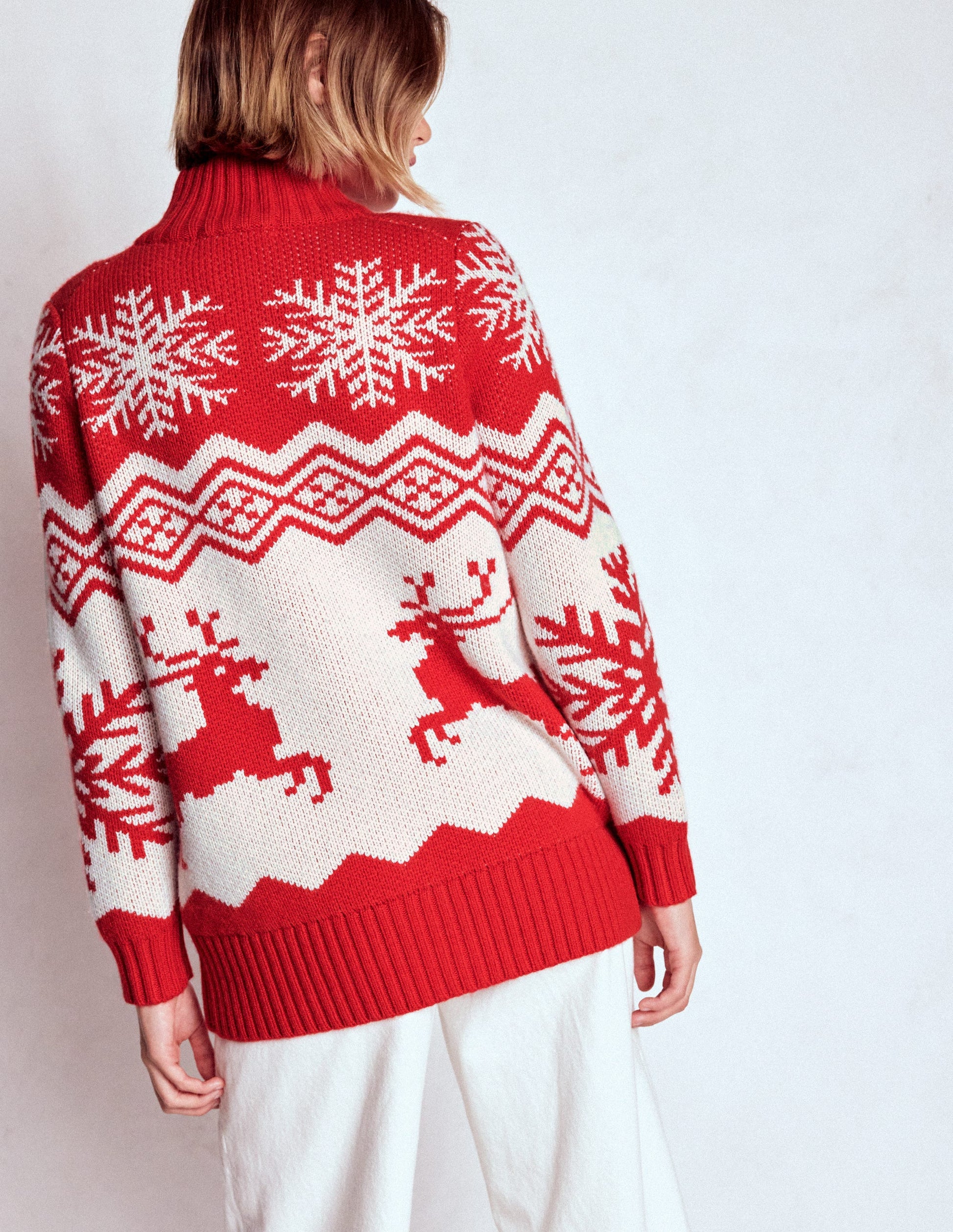Zip Up Jacquard Cardigan-Poppy Red Reindeer-3