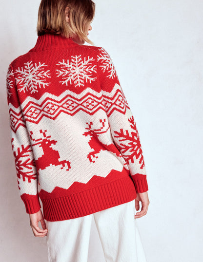 Zip Up Jacquard Cardigan-Poppy Red Reindeer-3