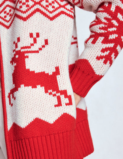 Zip Up Jacquard Cardigan-Poppy Red Reindeer-5