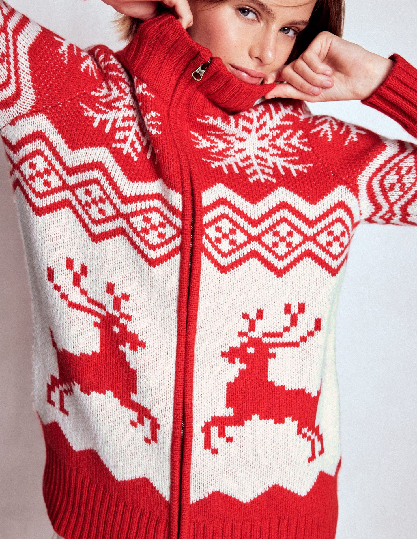 Zip Up Jacquard Cardigan-Poppy Red Reindeer