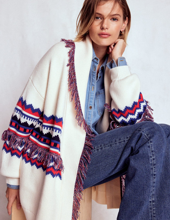Fringed Jacquard Cardigan-Warm Ivory Melange