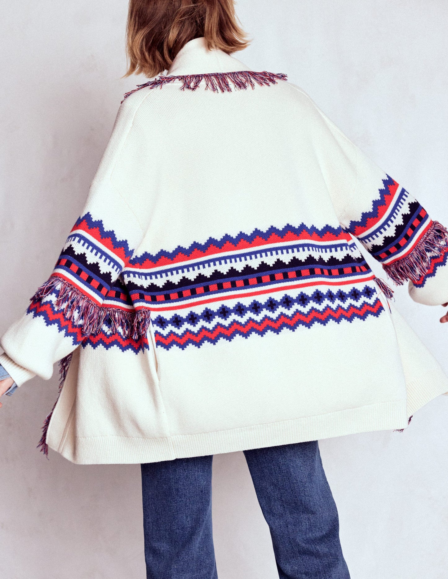 Fringed Jacquard Cardigan-Warm Ivory Melange