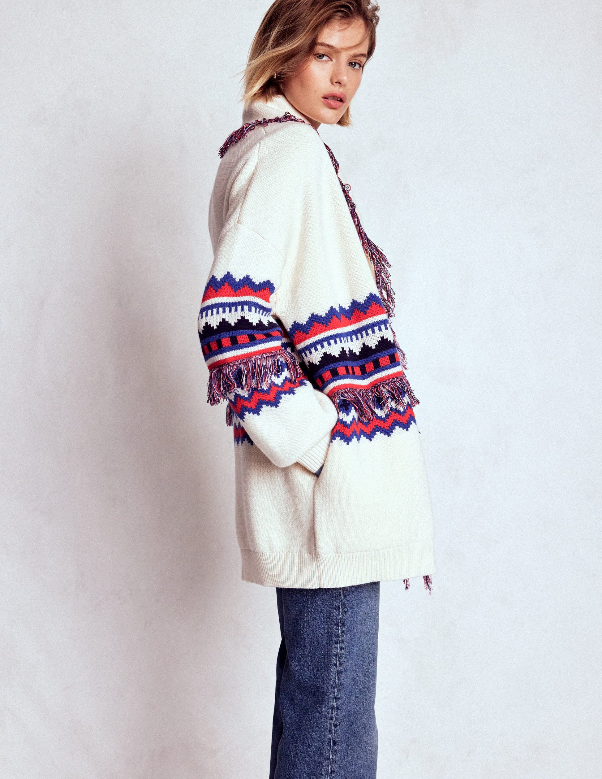 Fringed Jacquard Cardigan-Warm Ivory Melange-4