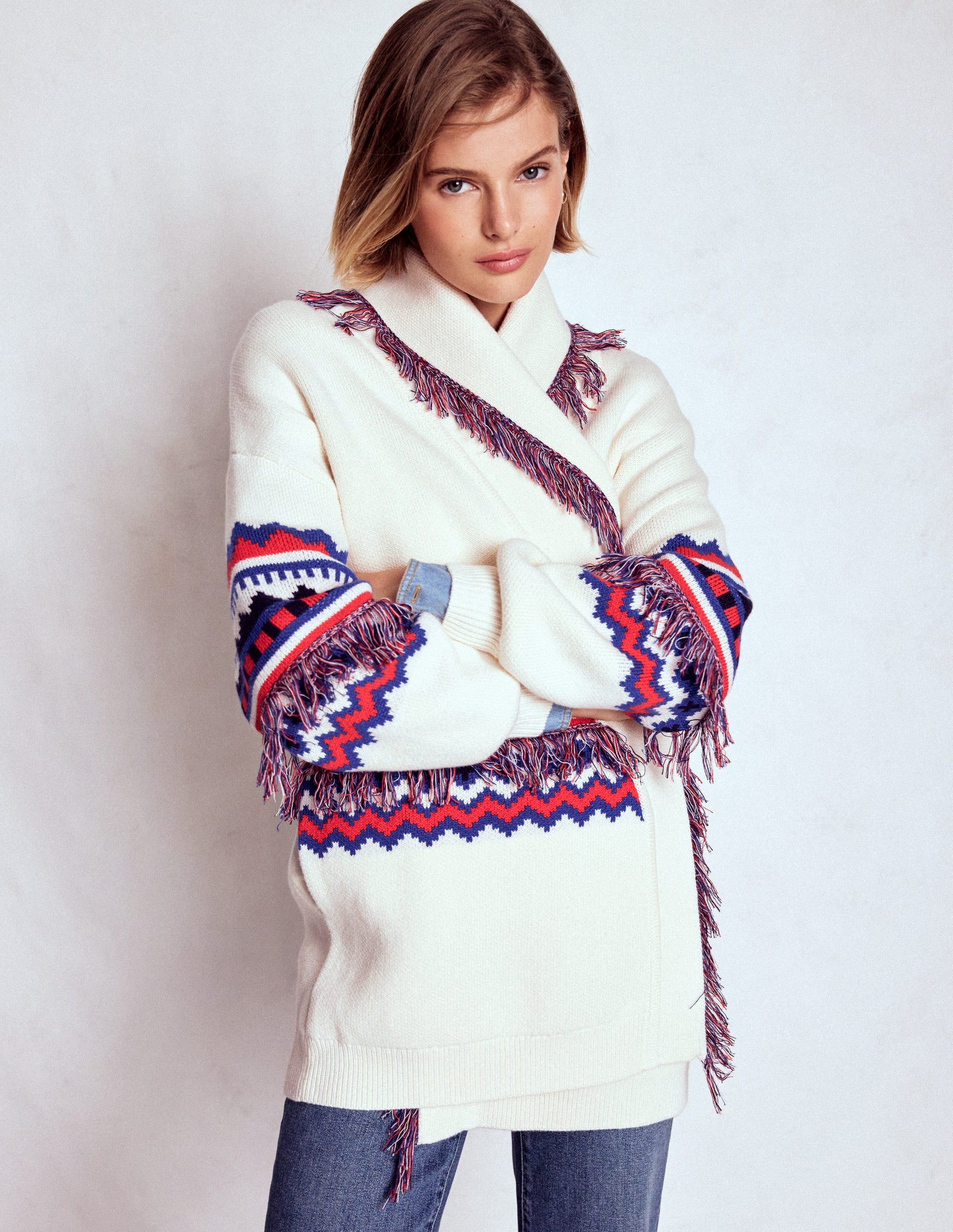 Fringed Jacquard Cardigan-Warm Ivory Melange-5