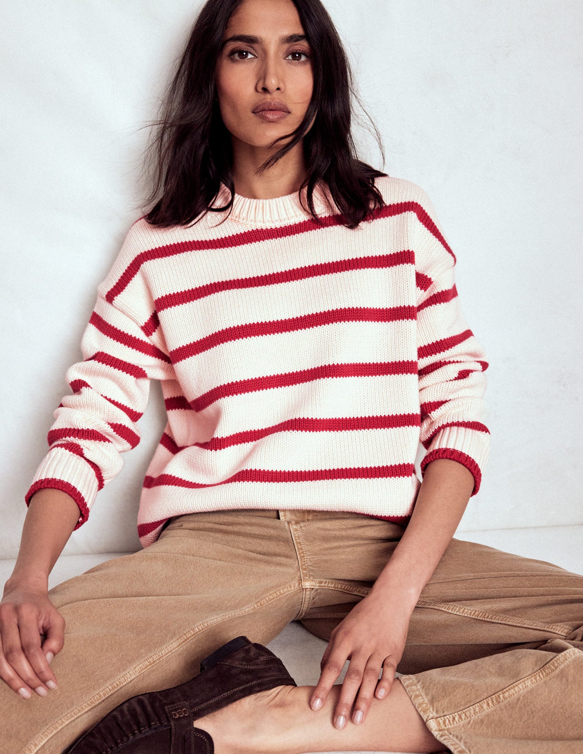 Lucy Oversized Cotton Jumper-Ivory, Red Stripe-3
