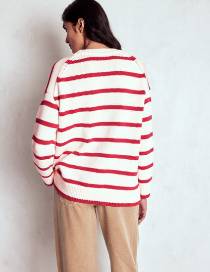Lucy Oversized Cotton Jumper-Ivory, Red Stripe-5