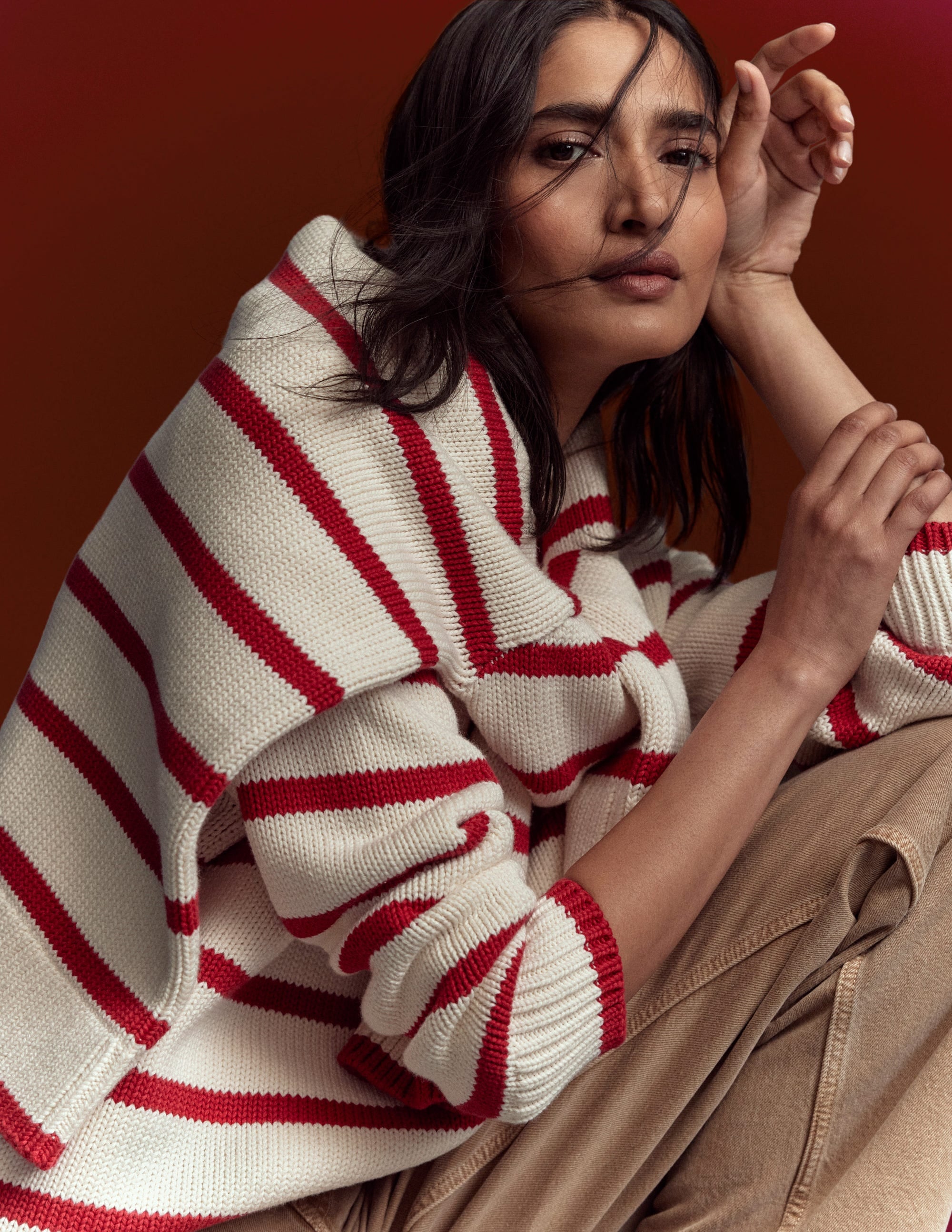 Lucy Oversized Cotton Jumper-Ivory, Red Stripe - Image 1