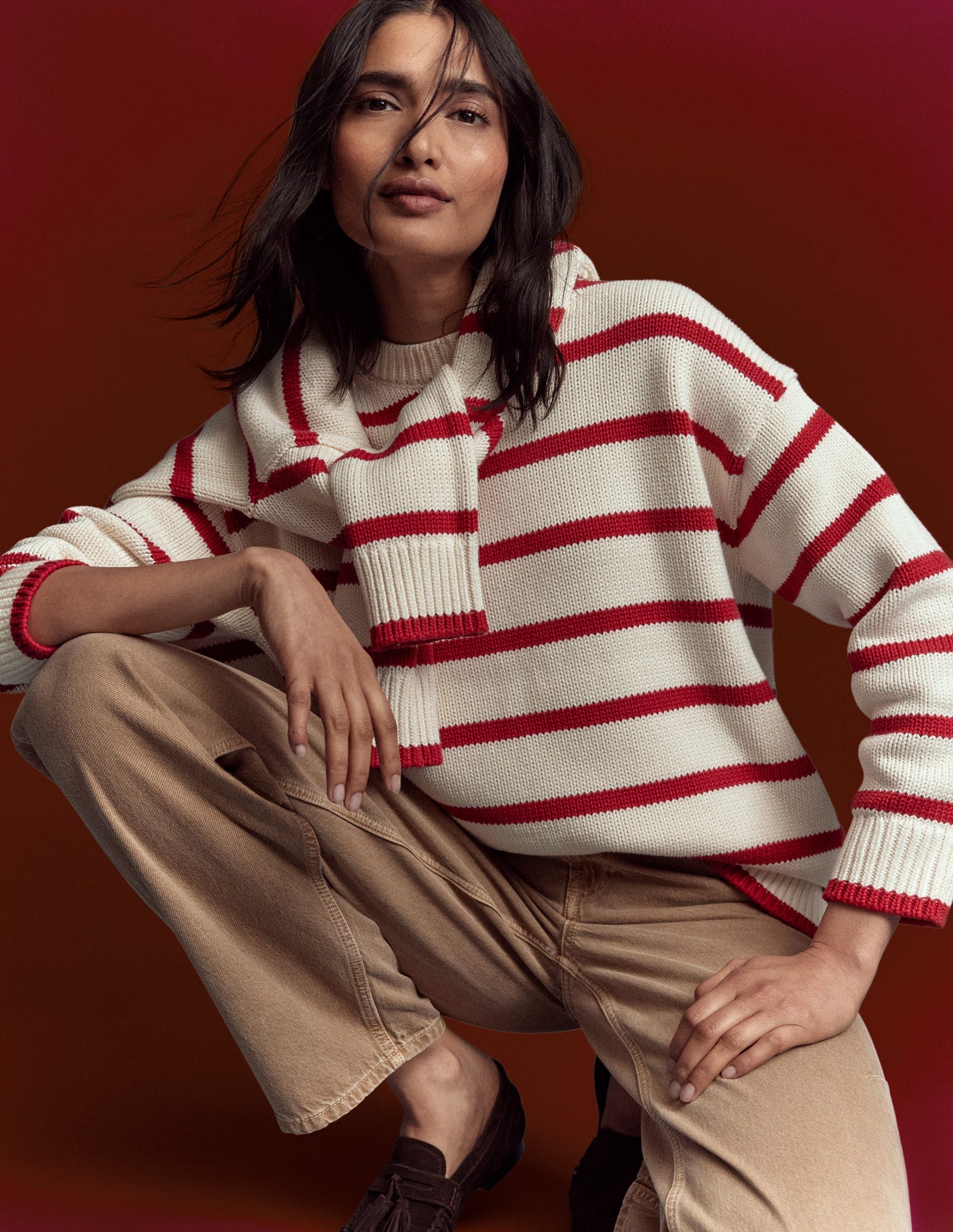 Lucy Oversized Cotton Jumper-Ivory, Red Stripe