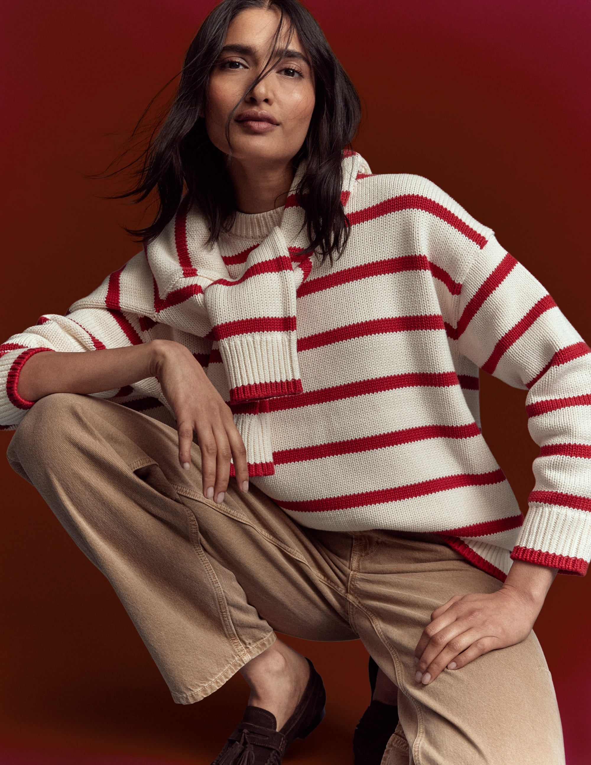 Lucy Oversized Cotton Jumper-Ivory, Red Stripe - Image 2