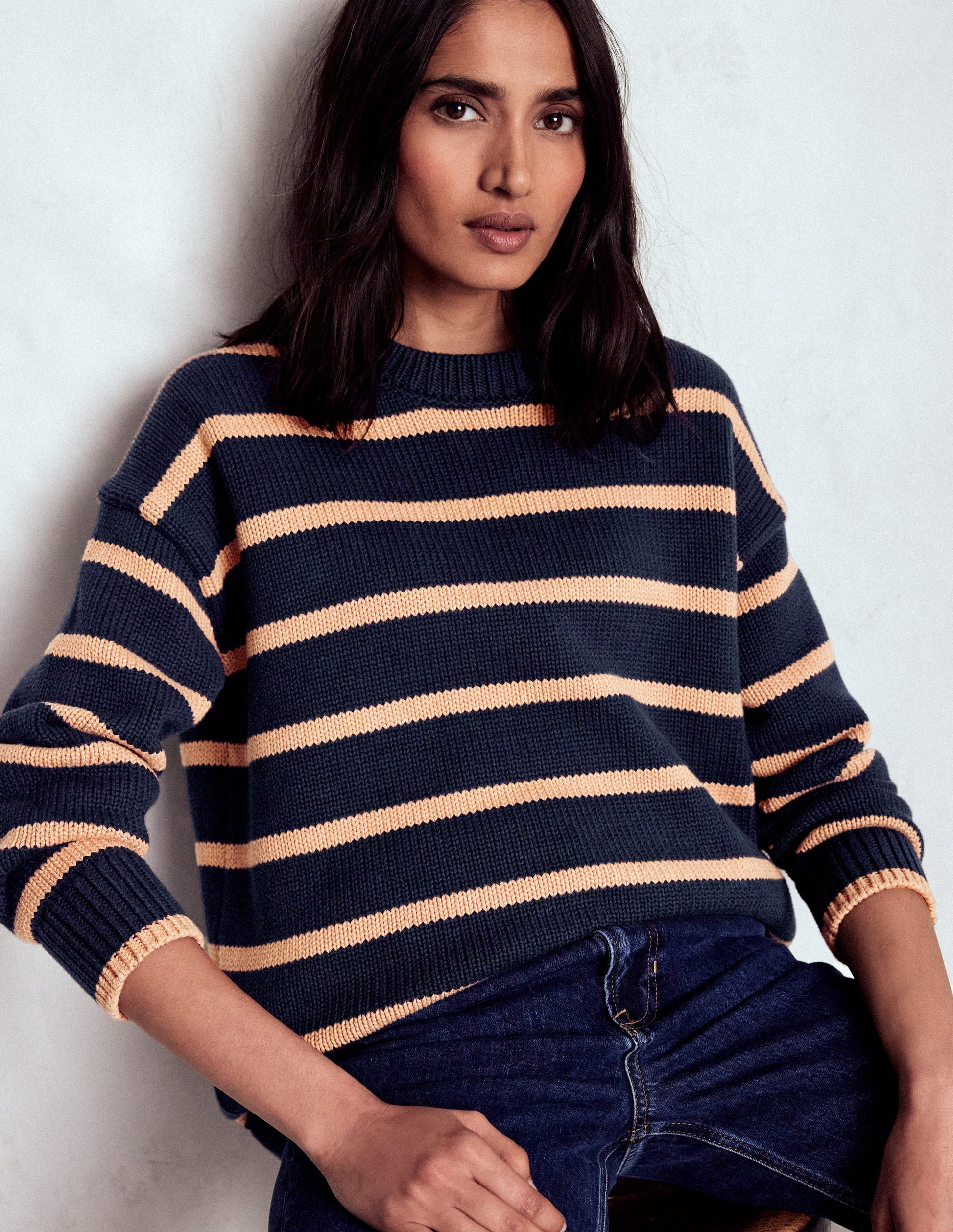 Lucy Oversized Cotton Jumper-Navy/ Camel Melange-1
