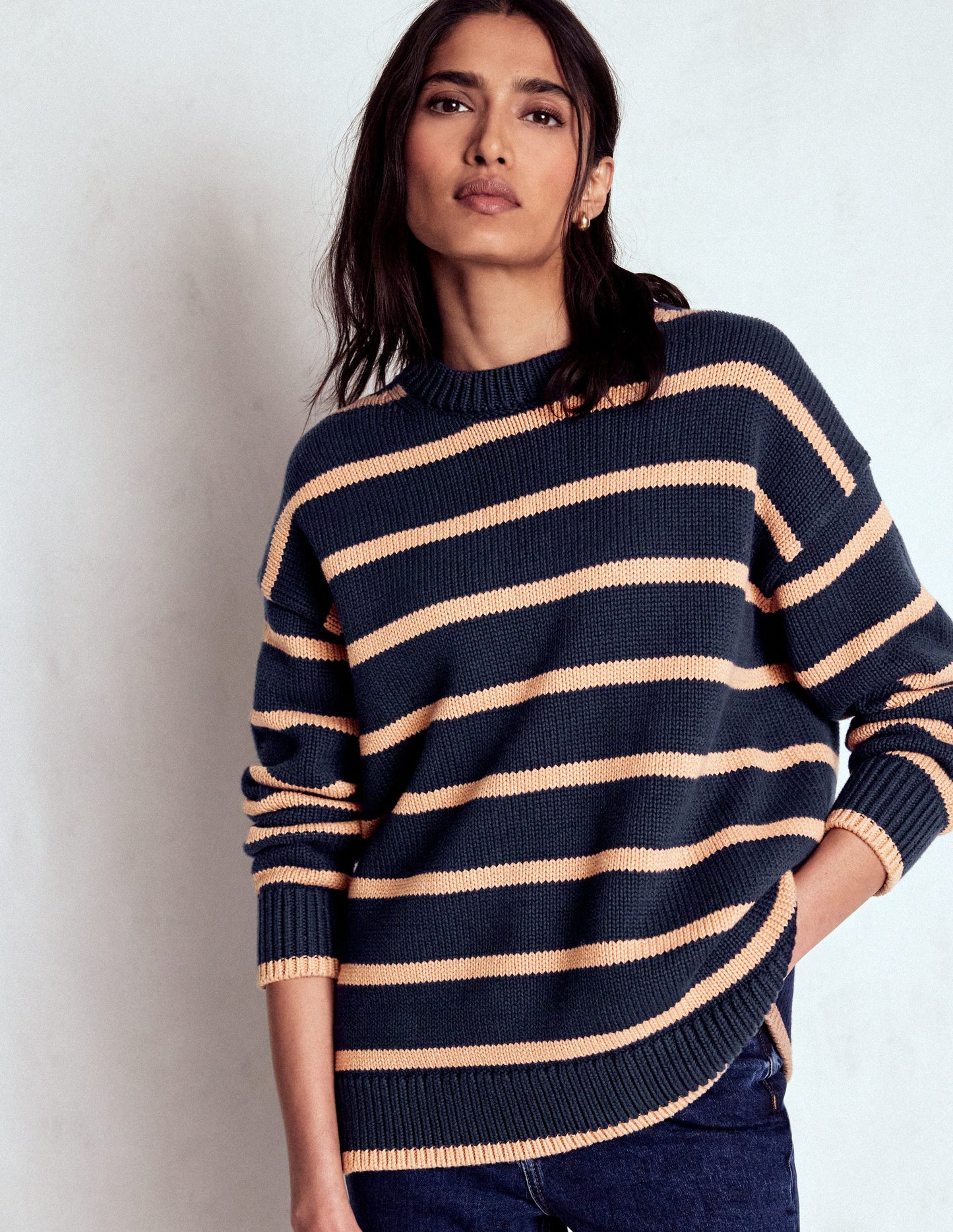 Lucy Oversized Cotton Jumper-Navy/ Camel Melange