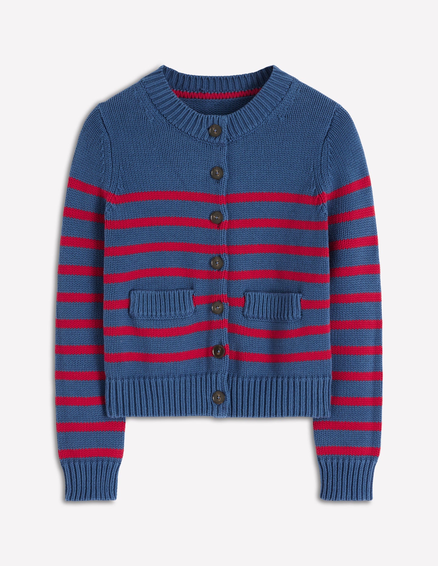 Lucy Chunky Cotton Cardigan-Soft Navy and Red Stripe