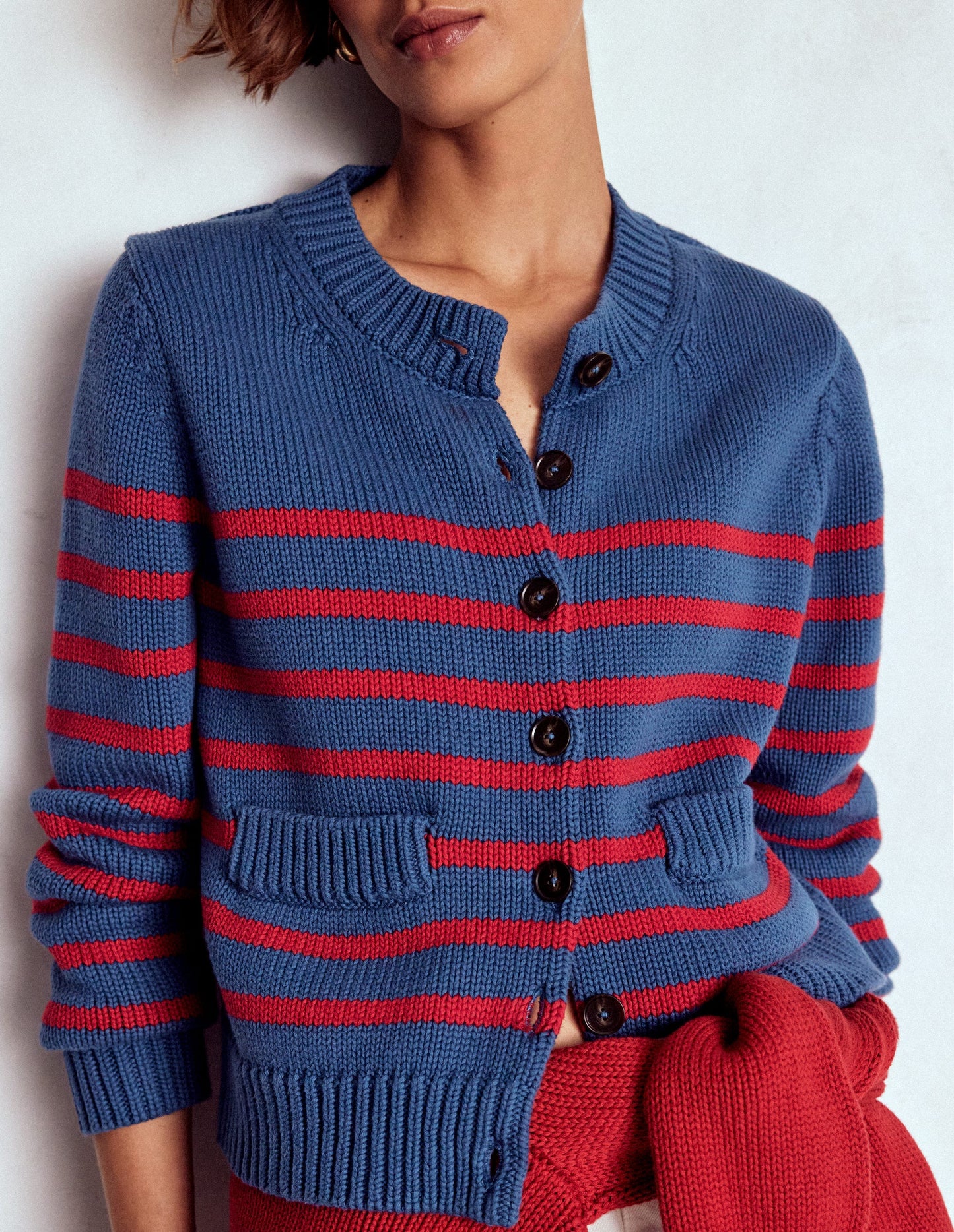 Lucy Chunky Cotton Cardigan-Soft Navy and Red Stripe