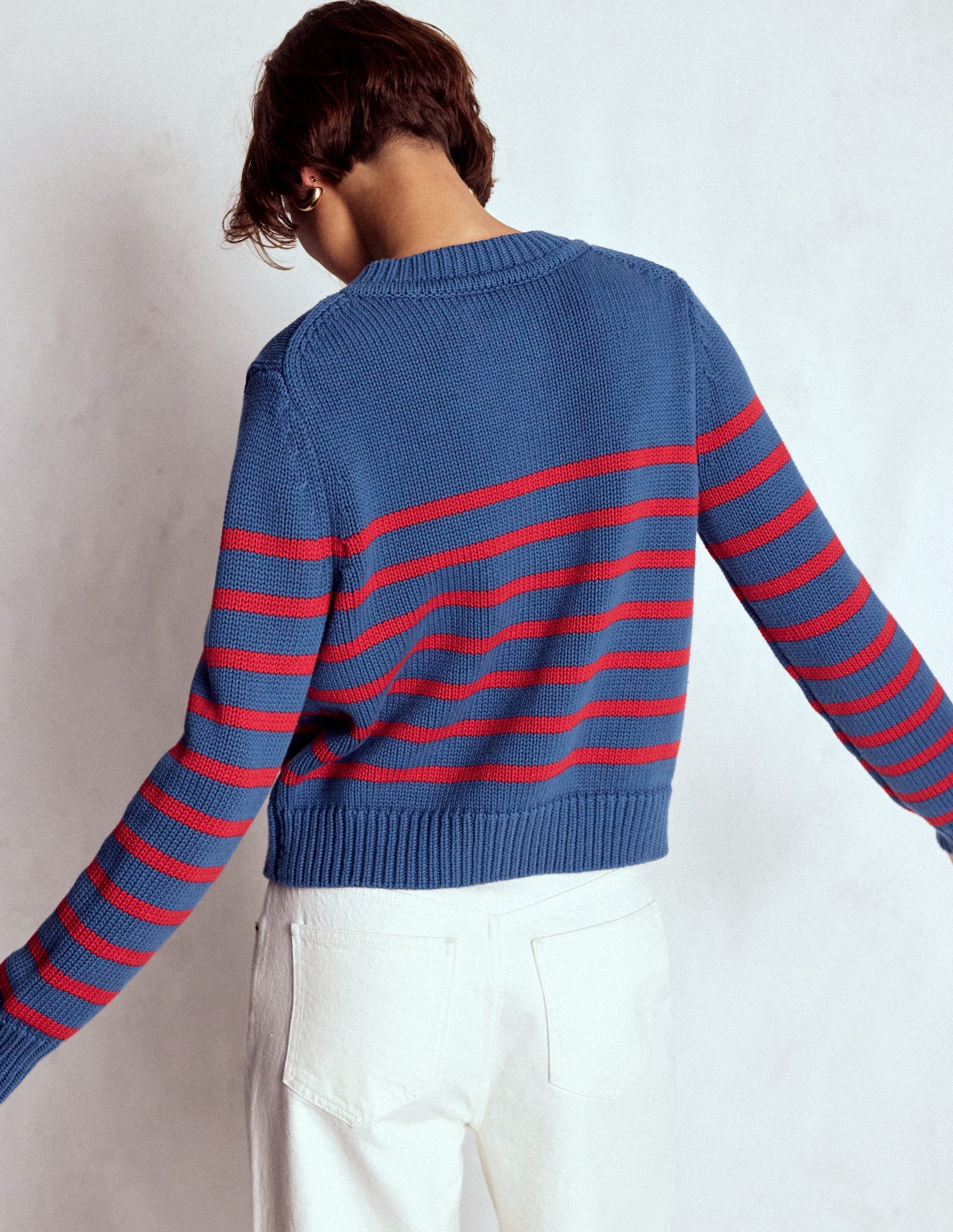 Lucy Chunky Cotton Cardigan-Soft Navy and Red Stripe-5