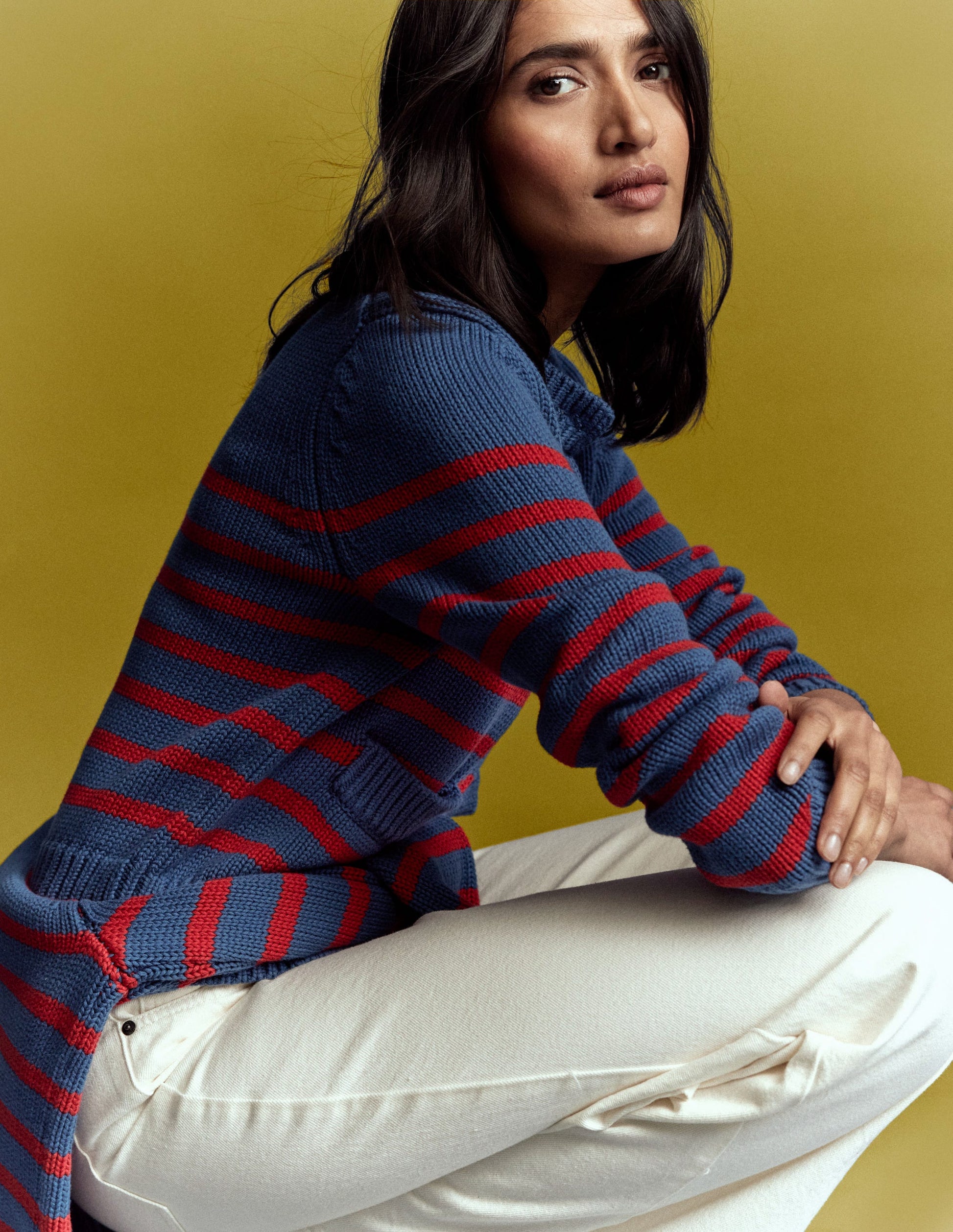 Lucy Chunky Cotton Cardigan-Soft Navy and Red Stripe-1