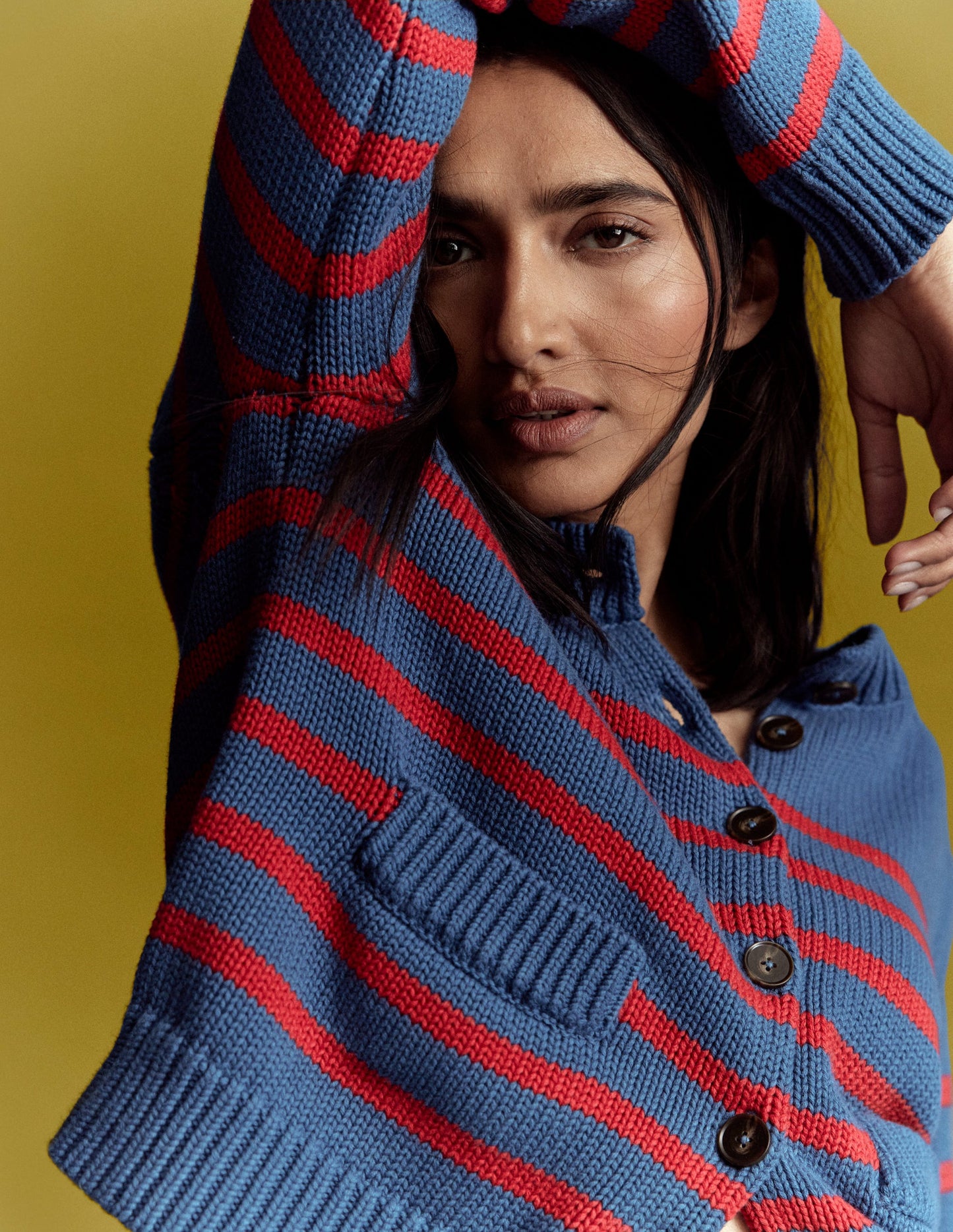 Lucy Chunky Cotton Cardigan-Soft Navy and Red Stripe