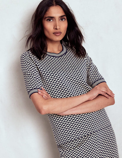 Jacquard Knitted T-Shirt-Navy/ Ivory Dogtooth-1