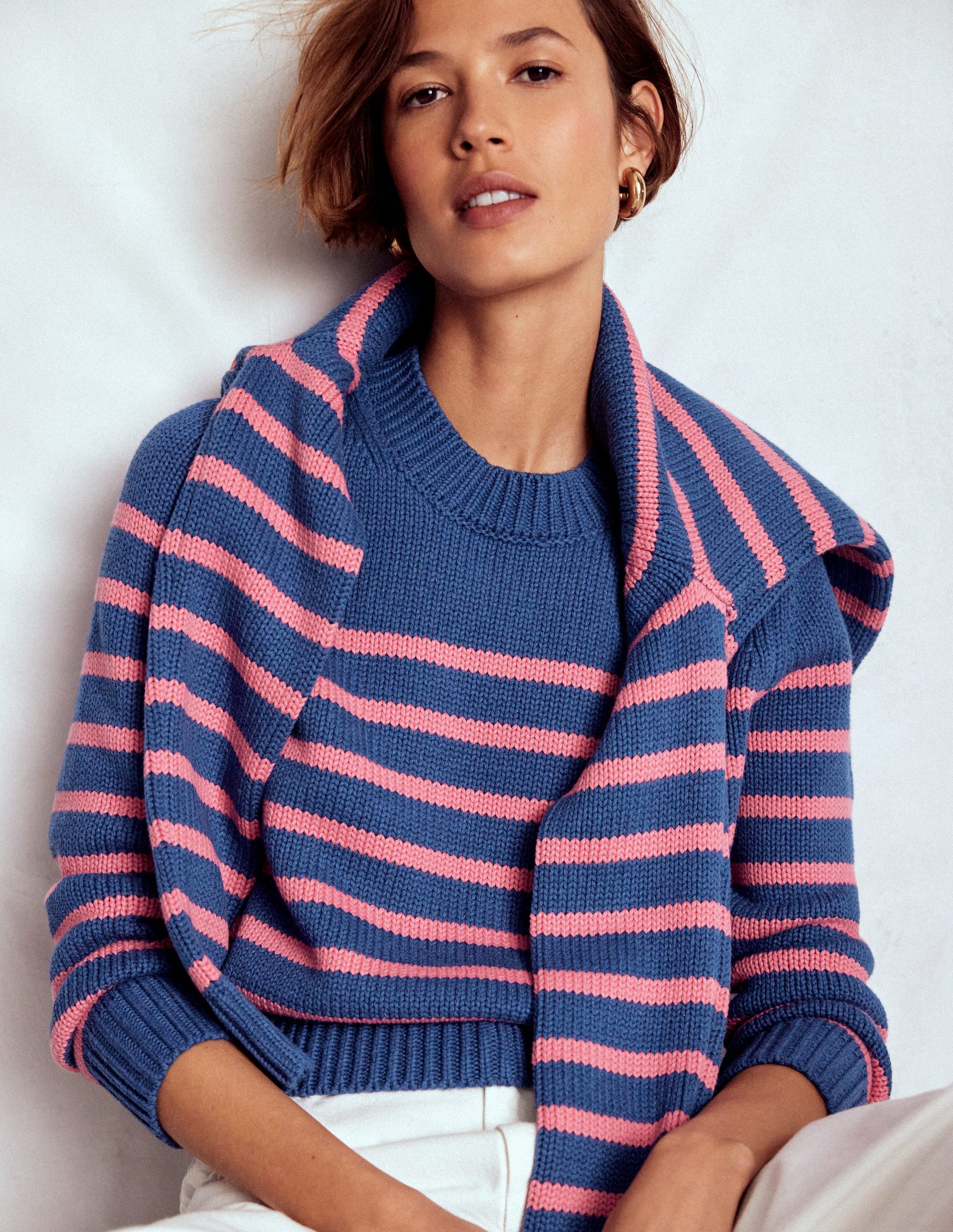 Lucy Chunky Cotton Jumper-Blue, Pink Stripe-3