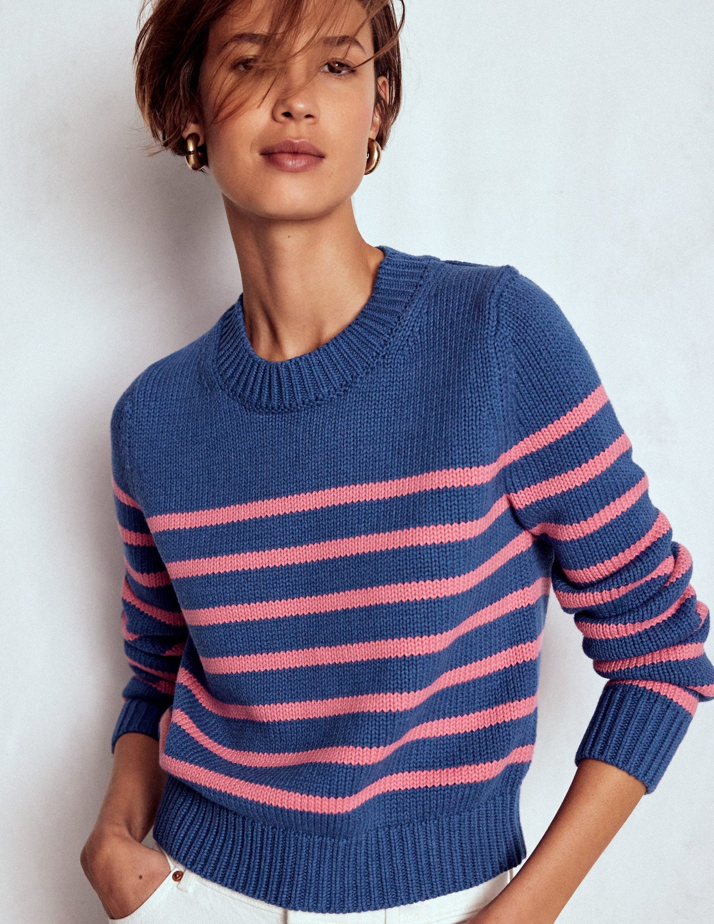 Lucy Chunky Cotton Jumper-Blue, Pink Stripe