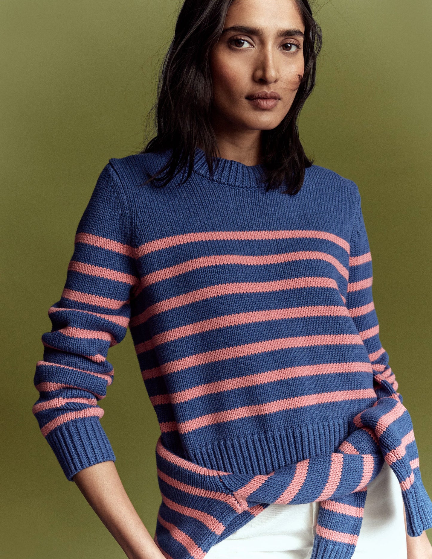 Lucy Chunky Cotton Jumper-Blue, Pink Stripe