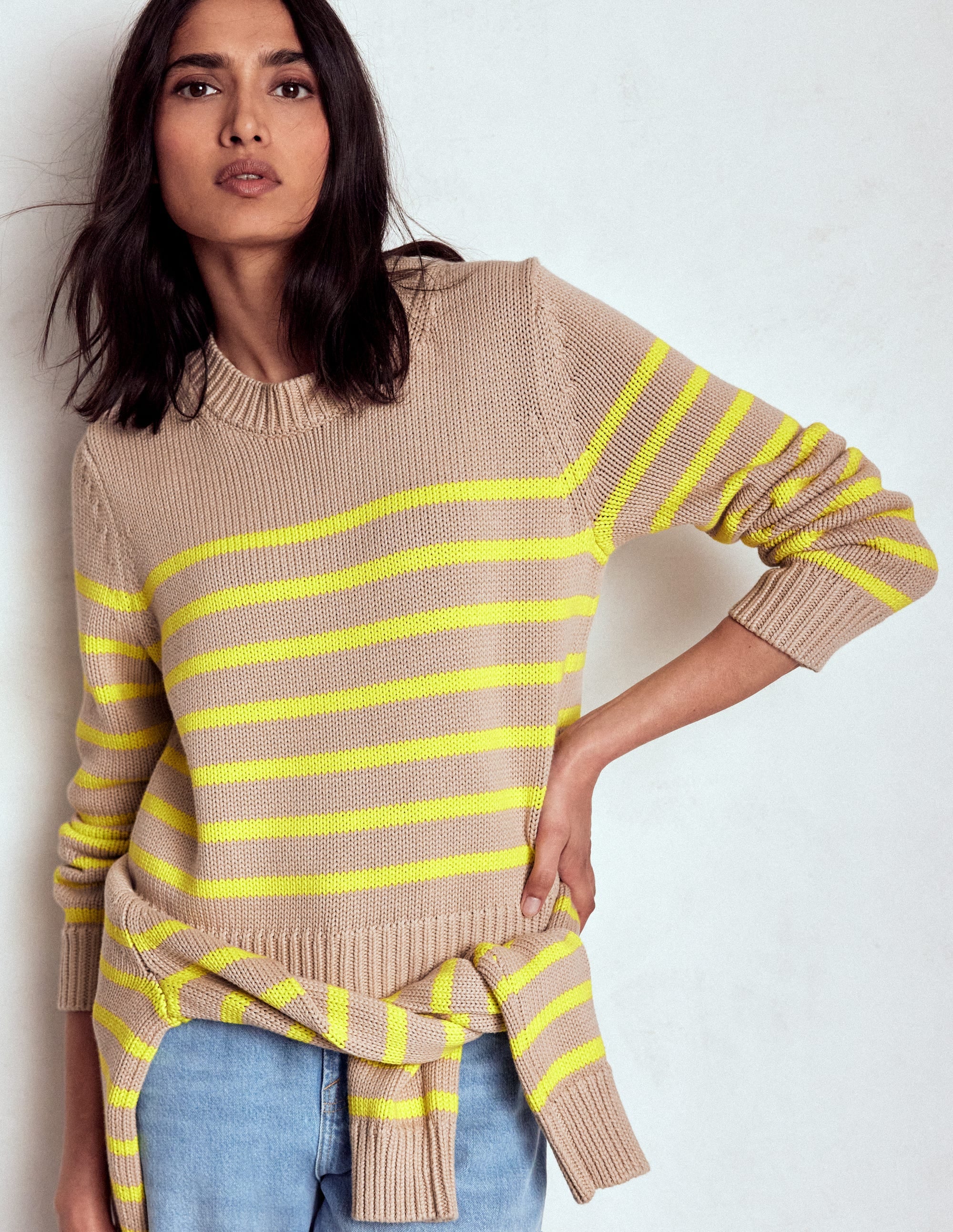 Lucy Chunky Cotton Jumper-Camel Melange, Neon Stripe - Image 3