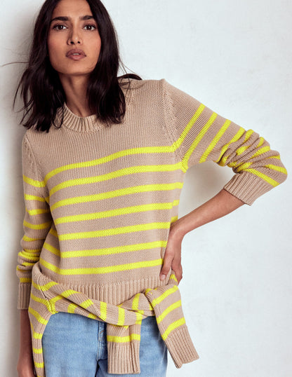 Lucy Chunky Cotton Jumper-Camel Melange, Neon Stripe-3
