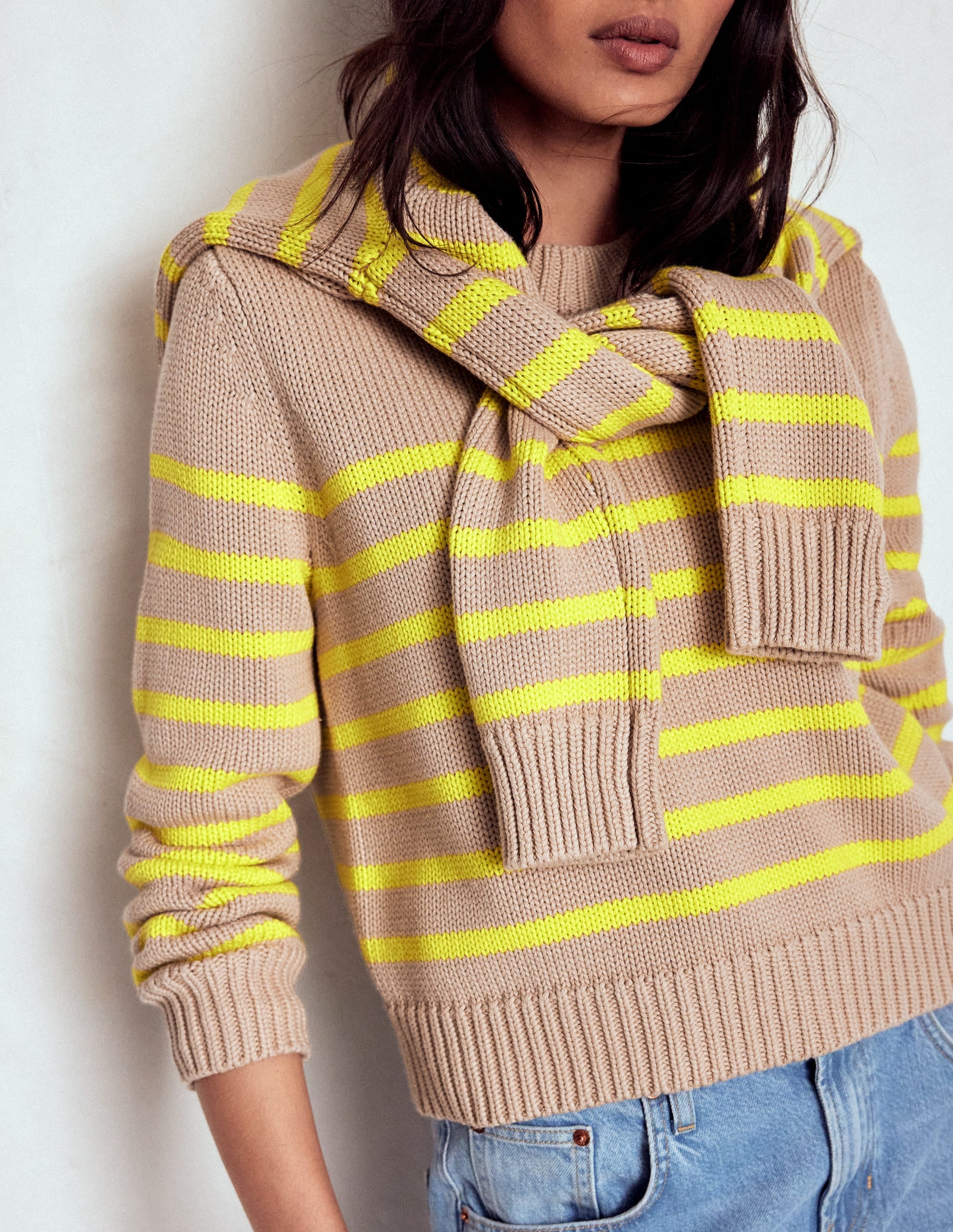 Lucy Chunky Cotton Jumper-Camel Melange, Neon Stripe - Image 4