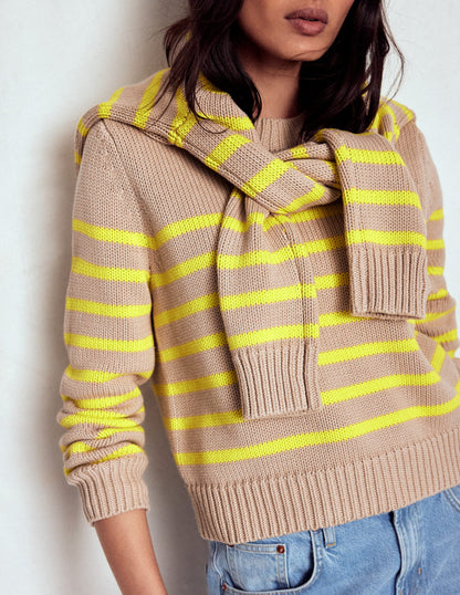 Lucy Chunky Cotton Jumper-Camel Melange, Neon Stripe-4