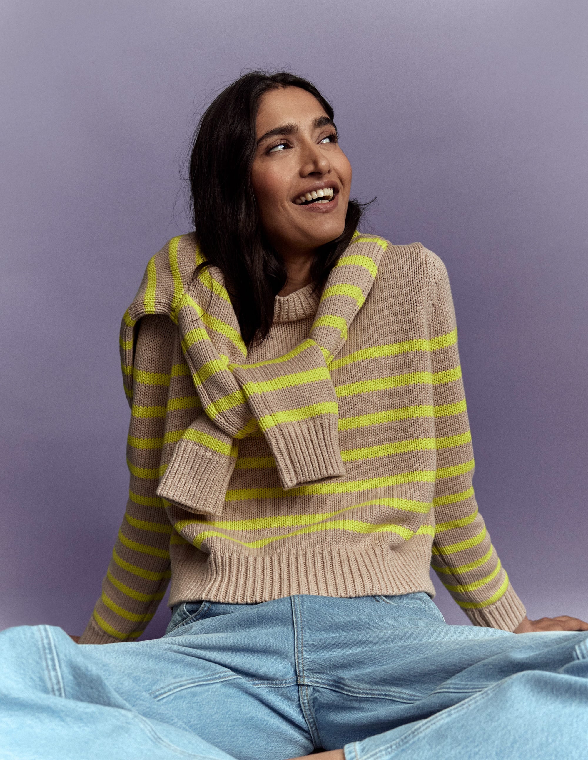 Lucy Chunky Cotton Jumper-Camel Melange, Neon Stripe - Image 1