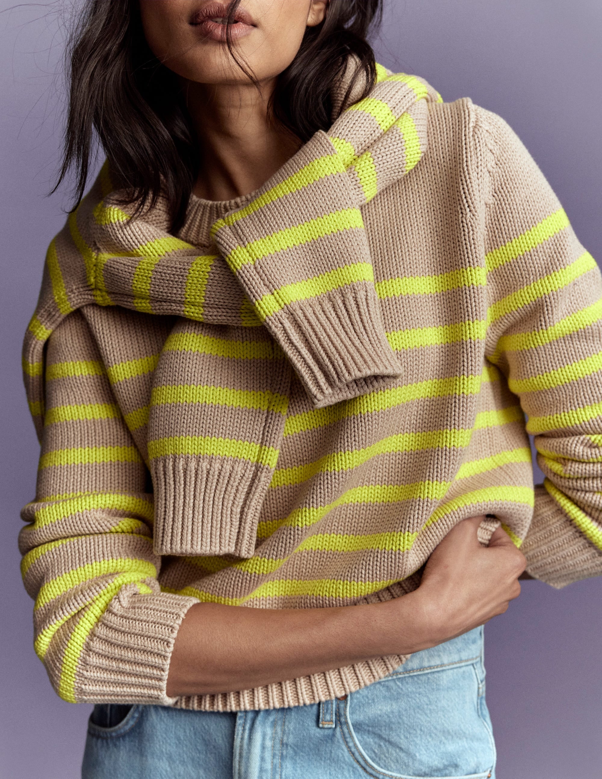 Lucy Chunky Cotton Jumper-Camel Melange, Neon Stripe - Image 2