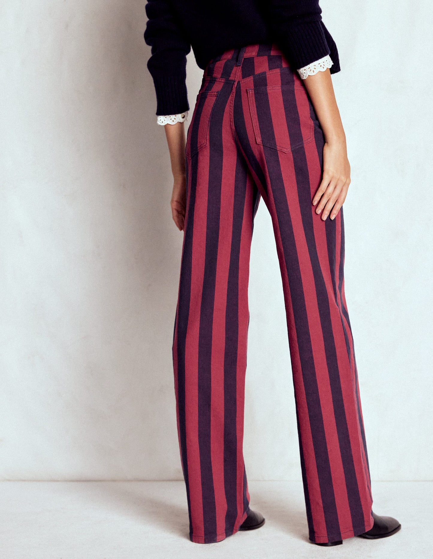 High Rise Column Leg Jeans-Red and Navy Stripe