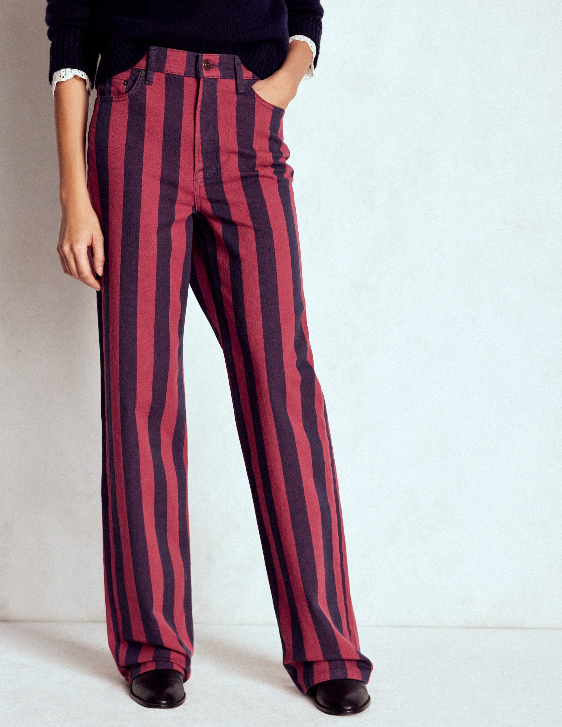 High Rise Column Leg Jeans-Red and Navy Stripe-4
