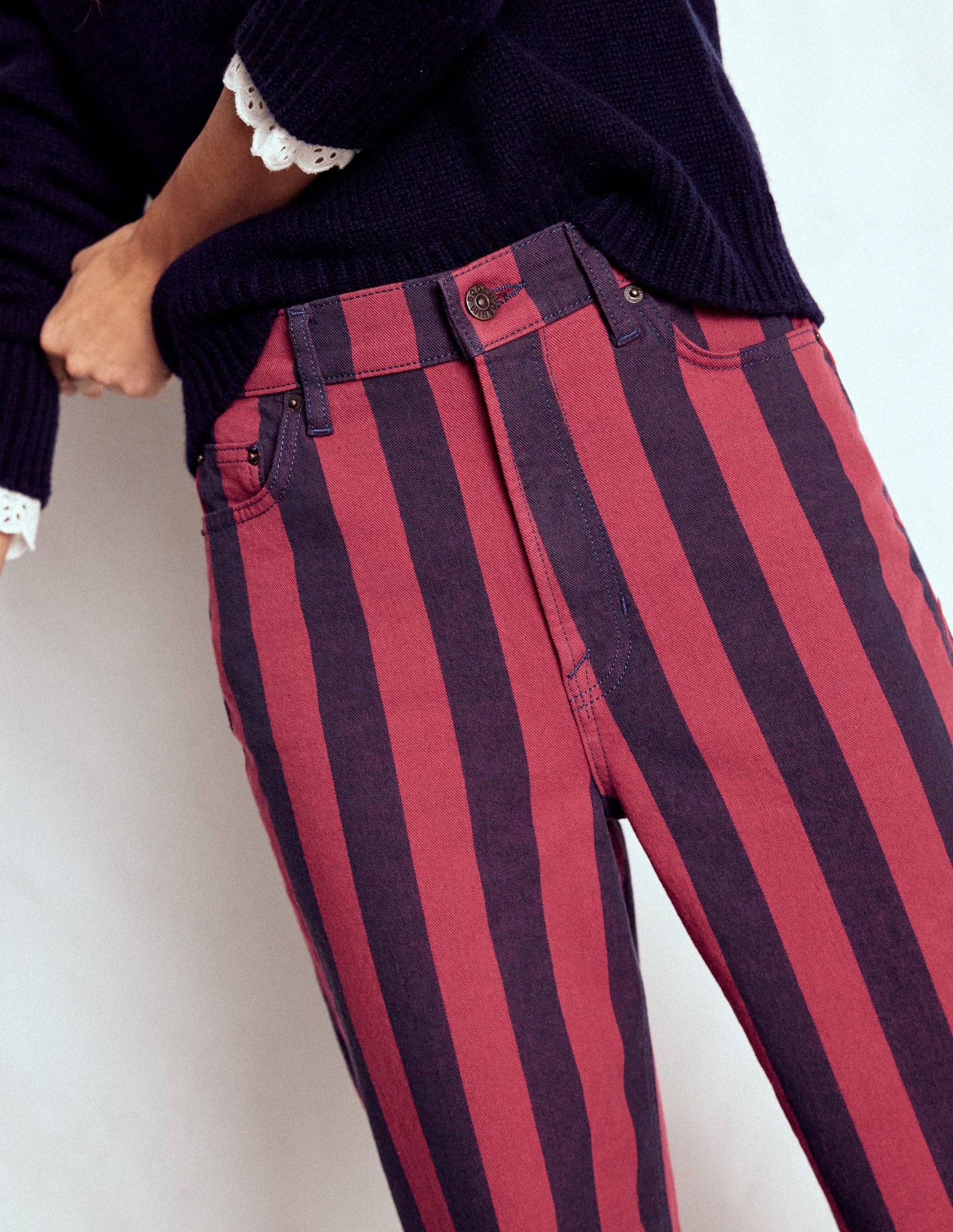 High Rise Column Leg Jeans-Red and Navy Stripe-5