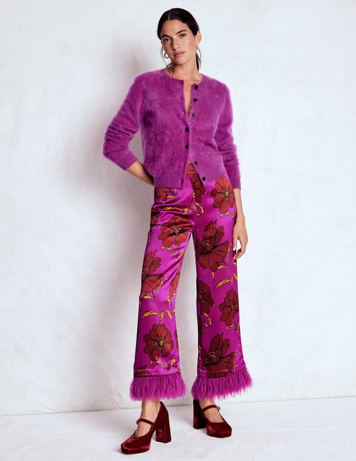 Faux Feather Trim Trousers-Regal Purple, Peony Bloom