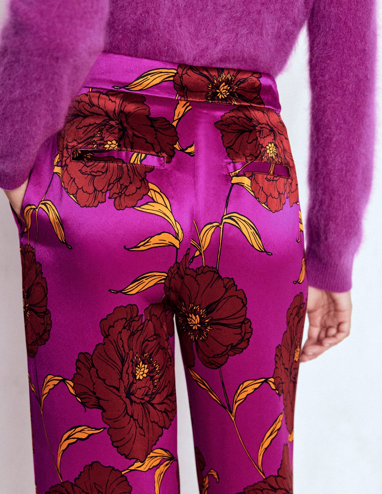 Faux Feather Trim Trousers-Regal Purple, Peony Bloom