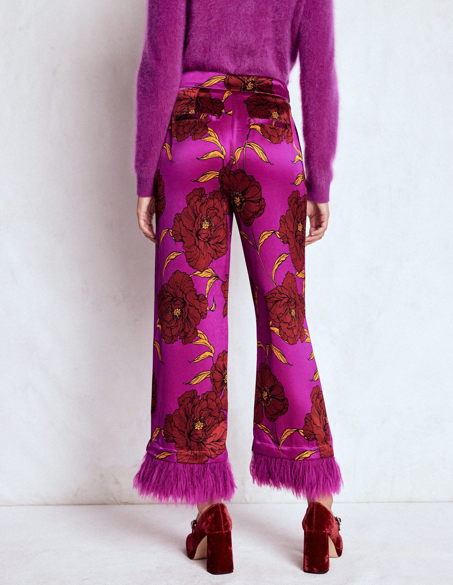 Faux Feather Trim Trousers-Regal Purple, Peony Bloom