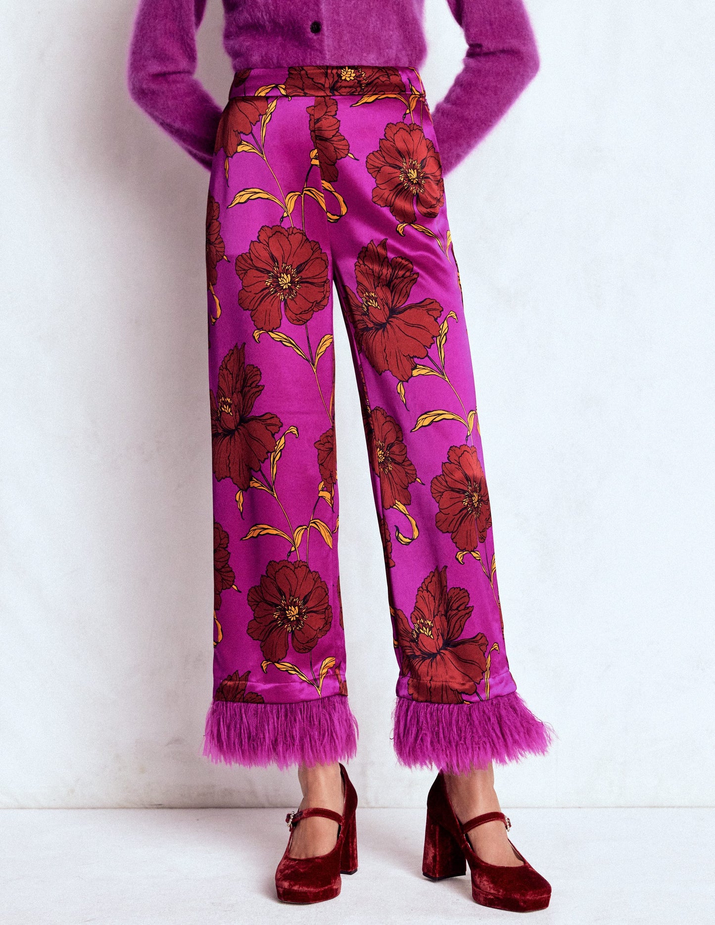 Faux Feather Trim Trousers-Regal Purple, Peony Bloom