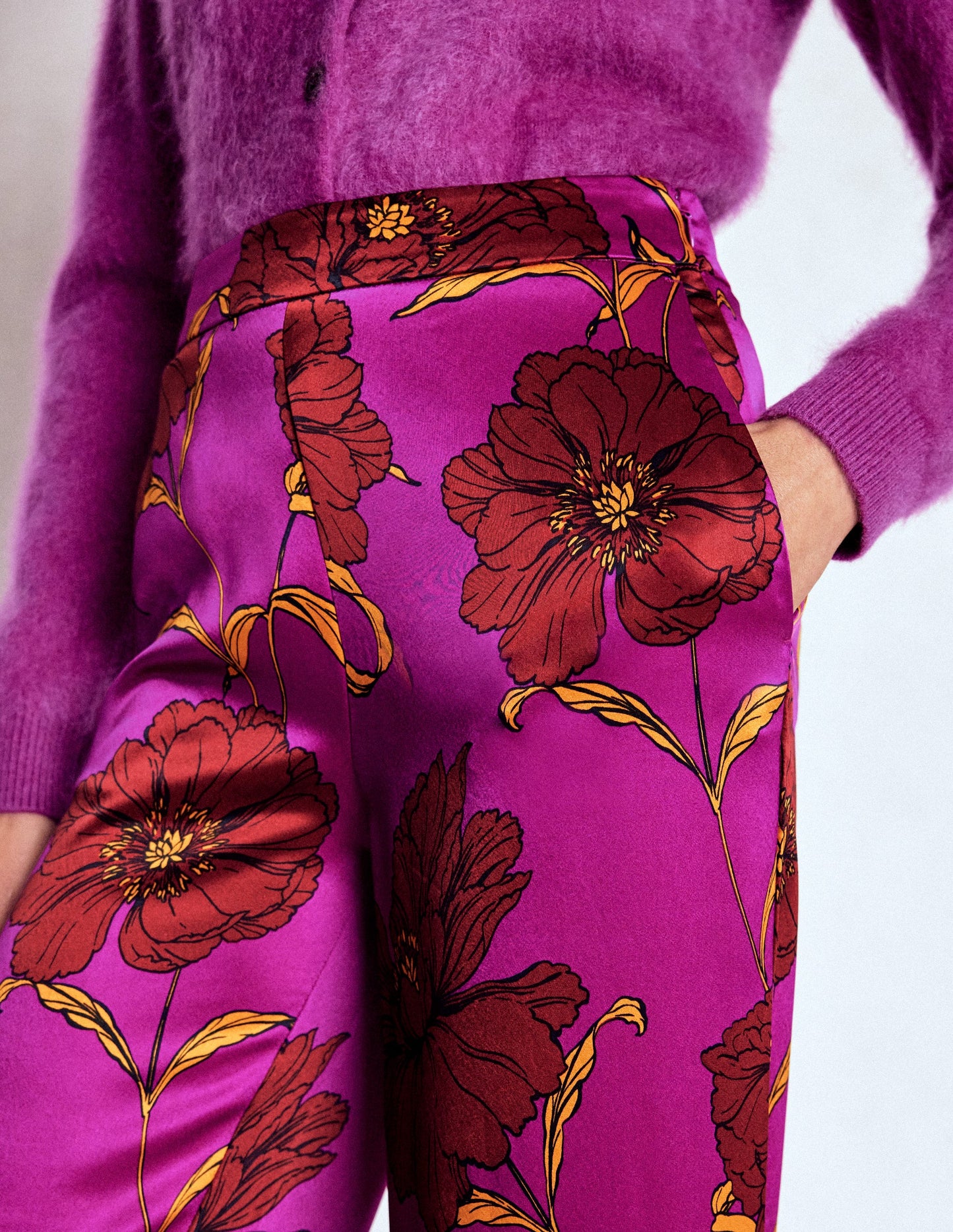 Faux Feather Trim Trousers-Regal Purple, Peony Bloom
