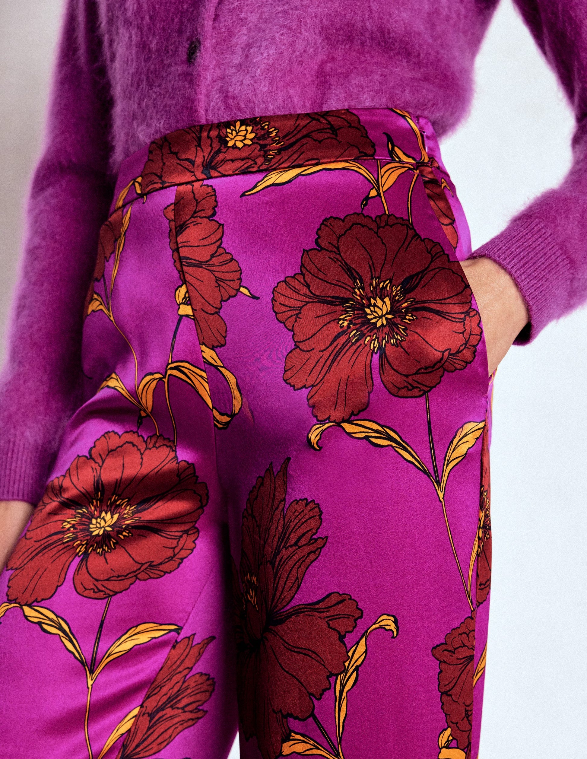 Faux Feather Trim Trousers-Regal Purple, Peony Bloom-5