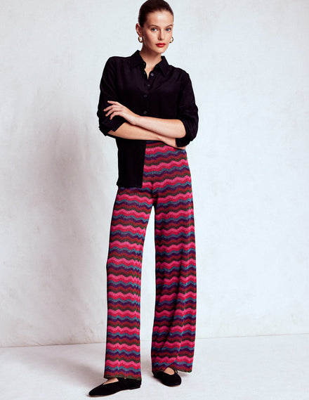 Jacquard Knitted Trousers-Jewel Toned Metallic Wave