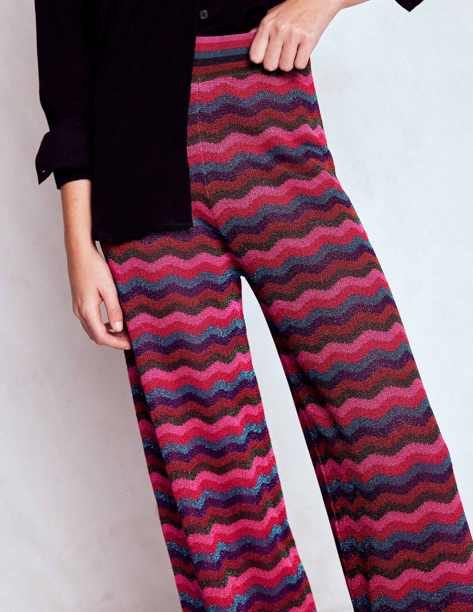 Jacquard Knitted Trousers-Jewel Toned Metallic Wave-2