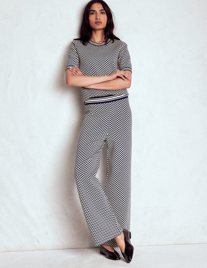 Jacquard Knitted Trousers-Geo Navy and Ivory Jacquard