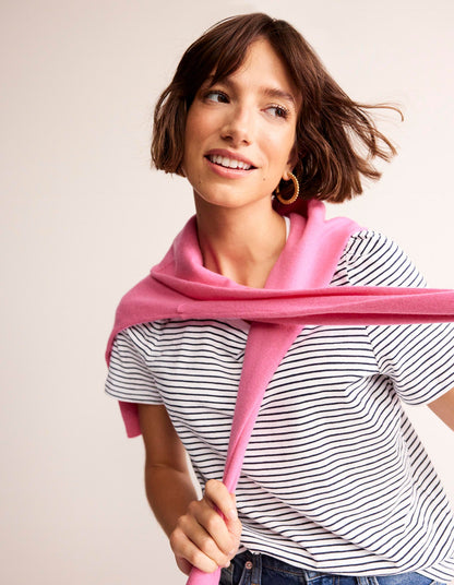 Cotton Puff Sleeve T-Shirt-Ivory, Navy Stripe-1